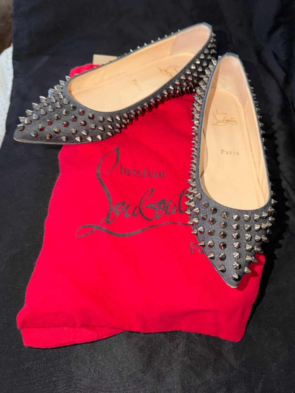 Christian Louboutin Pigalle Spikes Flats Black Anthracite Silver Studded Size 37